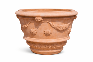 Reich verzierter, runder Terracottatopf aus Impruneta